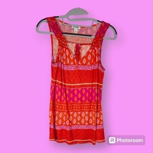 Old Navy Orange & Pink Ikat Print Tassle Tie-Up Sleeveless Top Size Small